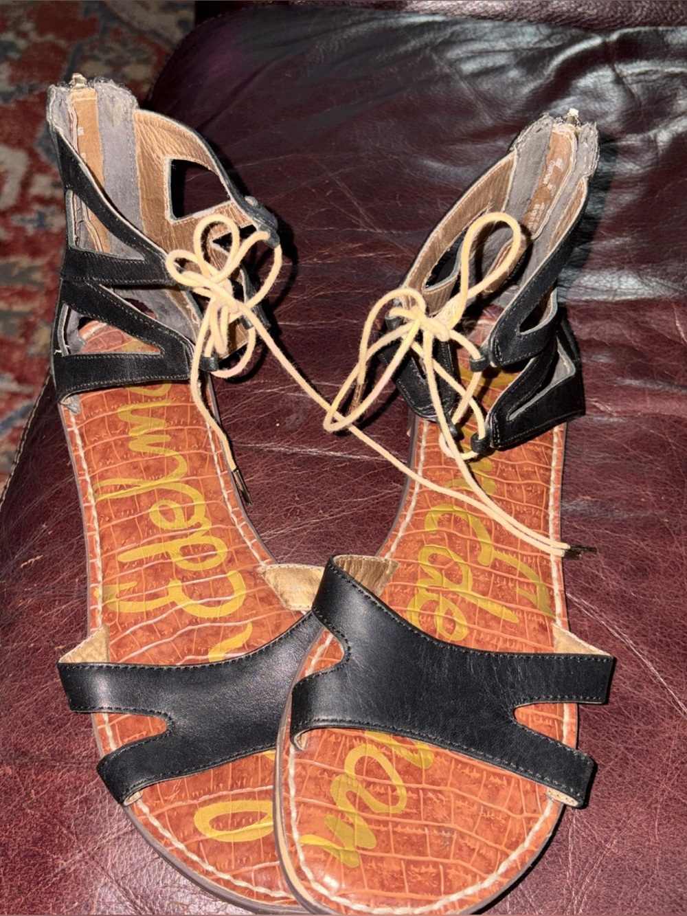 Sam Edelman Black Lace-Up Strappy Sandals with Tan Laces